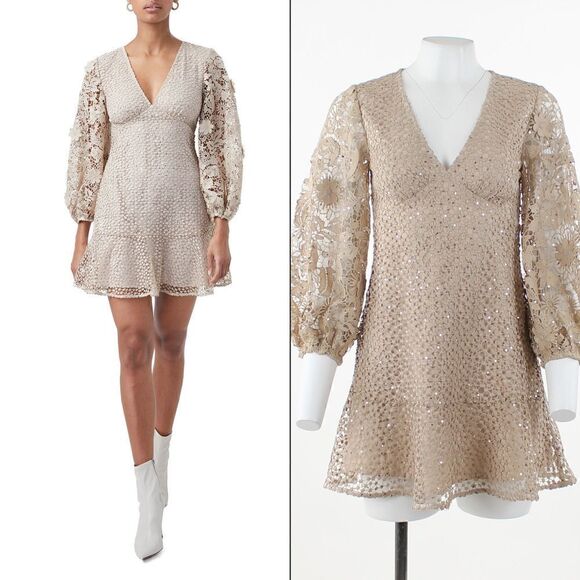 French Connection Caballo Sequined Lace Mini Dress Nude - Picture 1 of 5